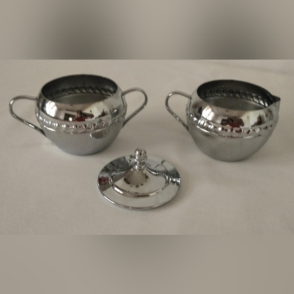 60's Irvinware Mid Century Mod Chrome Sugar Bowl/Lid & Creamer - Picture 6 of 9